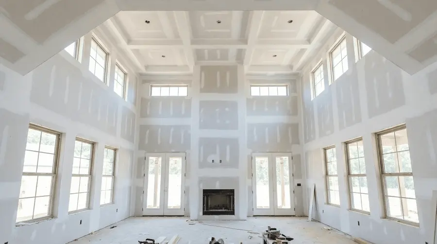 Sala ampla com paredes e teto de drywall em fase de acabamento das juntas