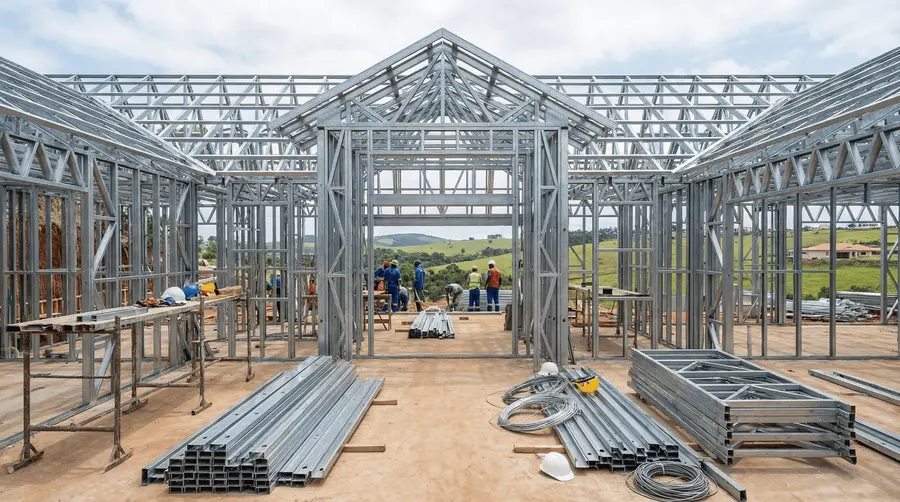 Obra de casa em Steel Frame com a estrutura de perfis metálicos montada e perfis empilhados no chão